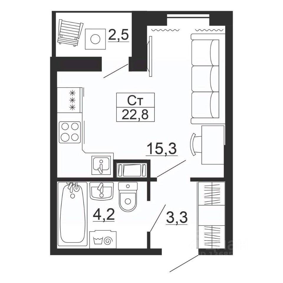 Квартира-студия, 22,8 м², в ЖК Рубеж