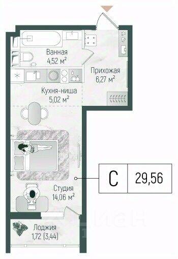Квартира-студия, 31,28 м², в ЖК Riga Hills