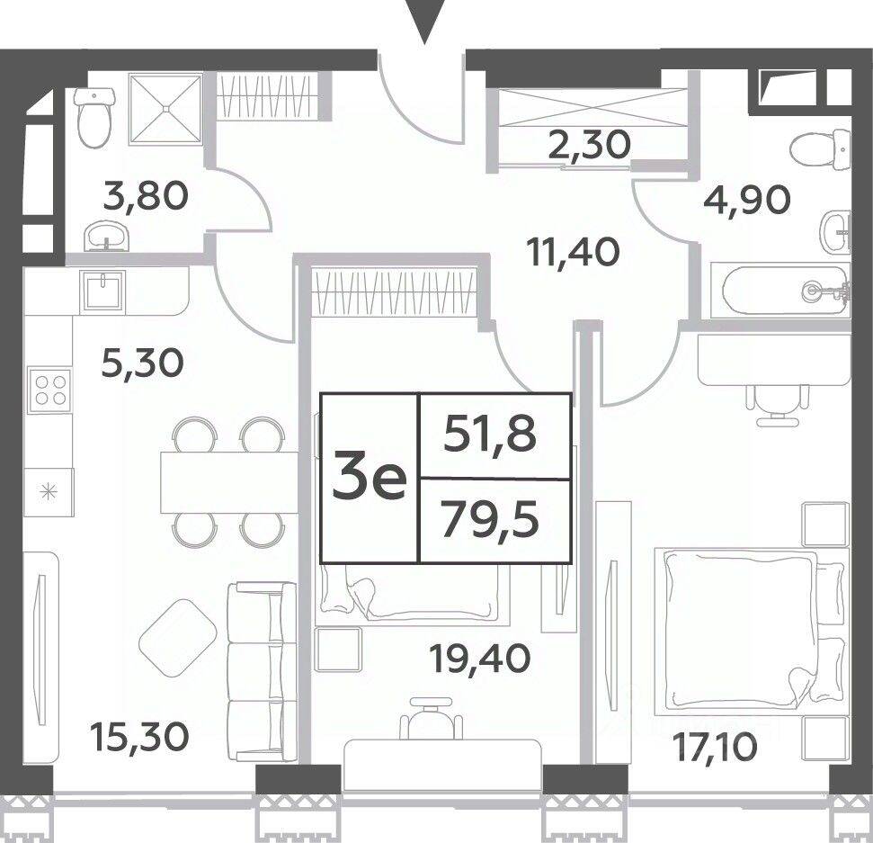 Планировка 3 комнатной квартиры, 79.5 м², в «Will Towers»
