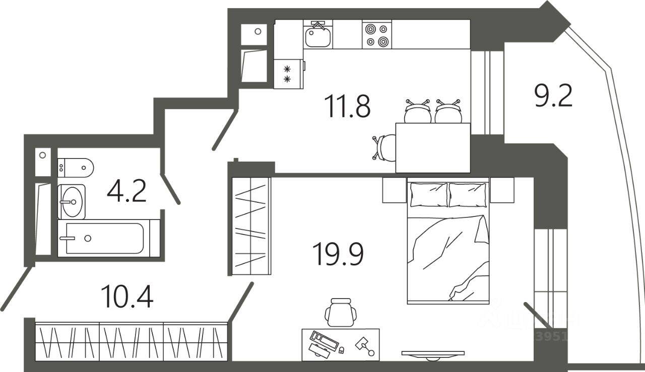 Планировка 1 комнатной квартиры, 49.1 м², в «Советская 18»
