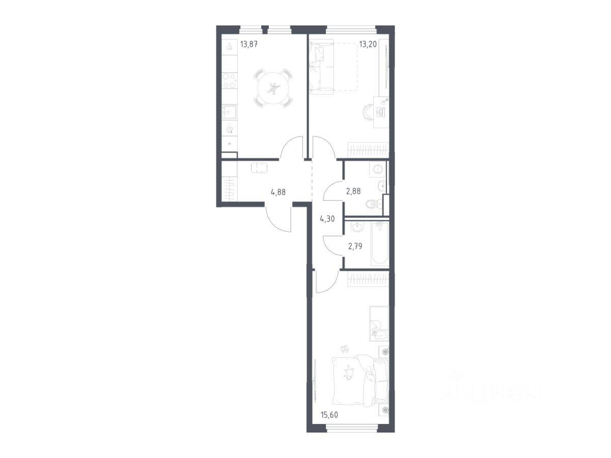 2-комн. квартира, 57,52 м², в ЖК «Пригород Лесное»