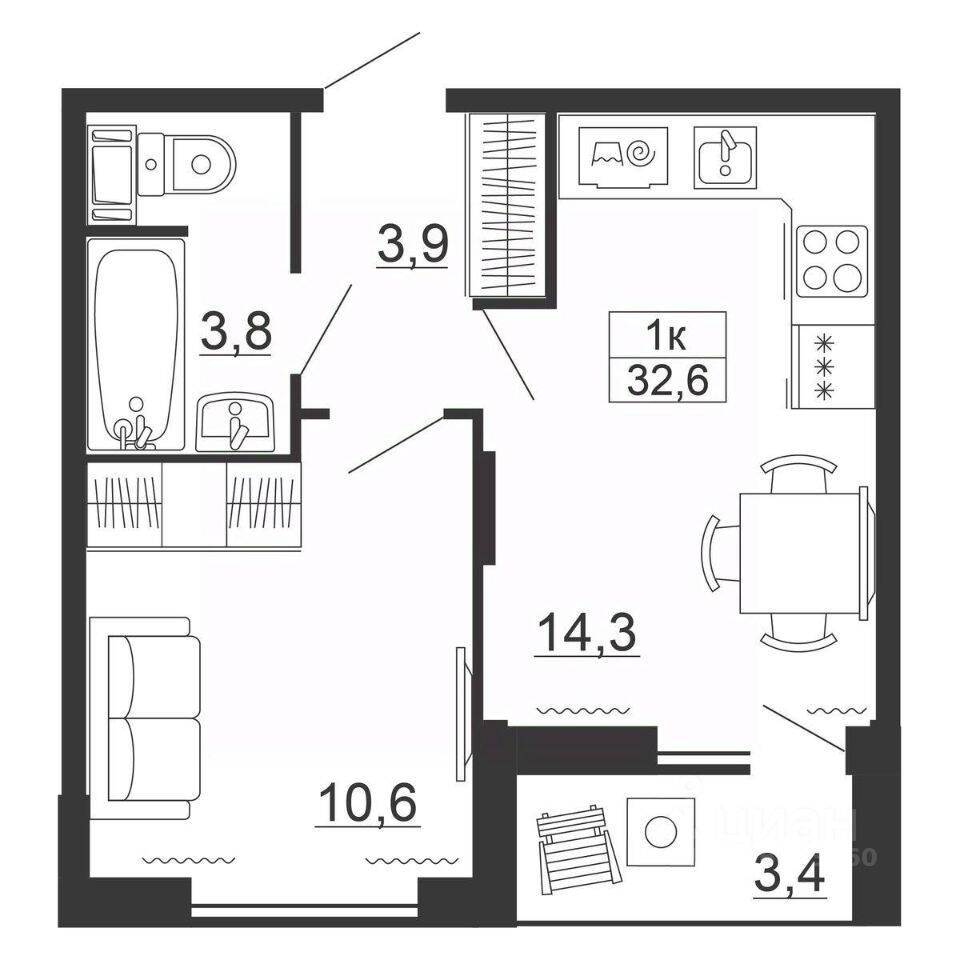 1-комн. квартира, 32,6 м², в ЖК Рубеж
