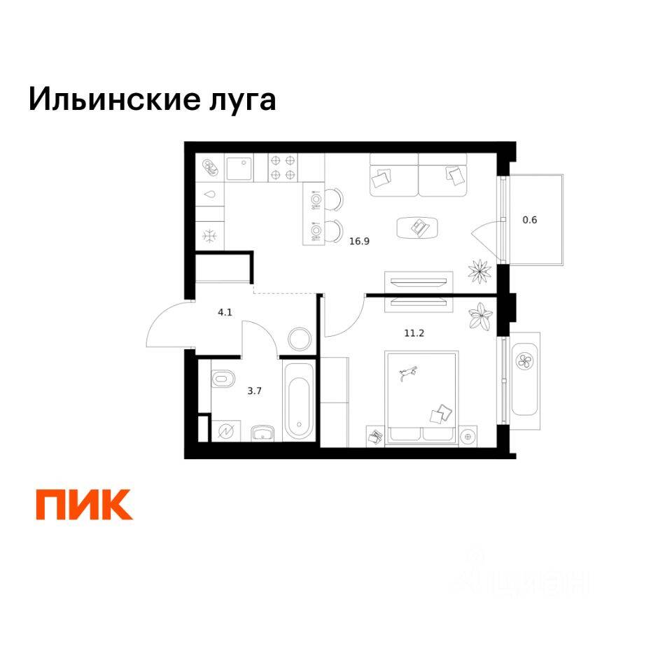 1-комн. квартира, 36,5 м², в ЖК «Ильинские луга»
