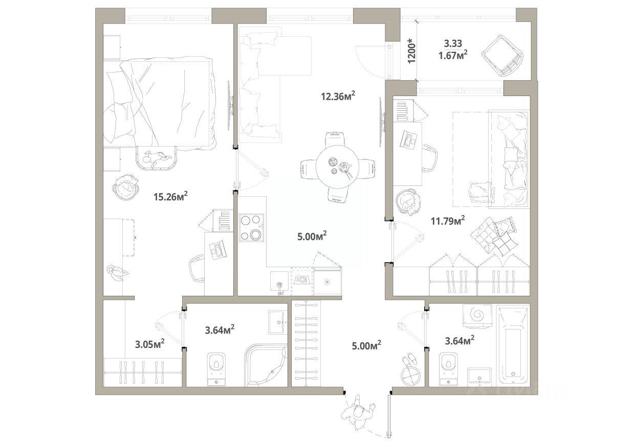 2-комн. квартира, 61,41 м², в ЖК «Тишин»