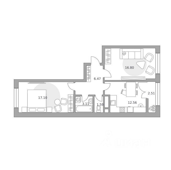 2-комн. квартира, 60,14 м², в ЖК Пехра