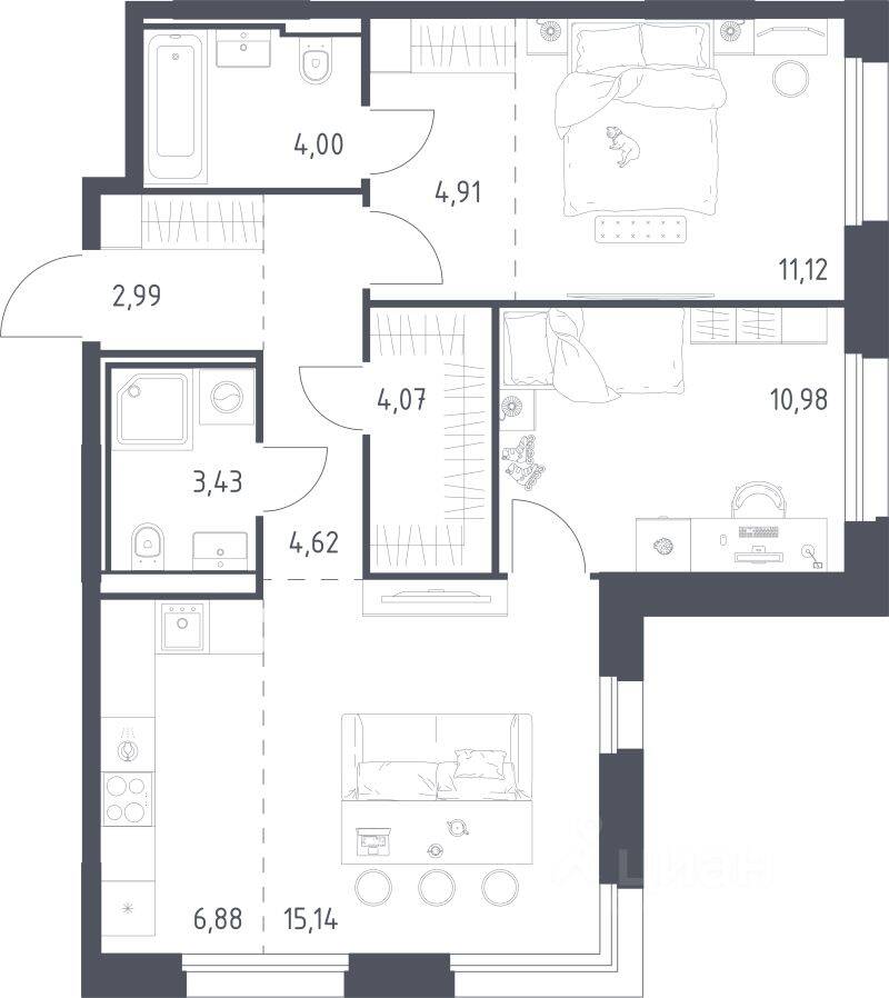 2-комн. квартира, 68,14 м², в ЖК Заречье Парк