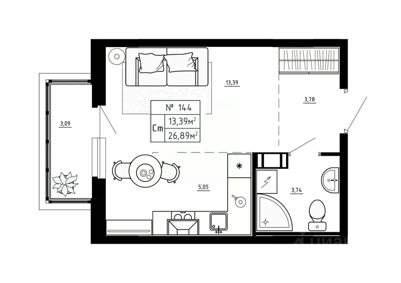 Квартира-студия, 26,89 м², в Малоэтажный ЖК Аннино Сити