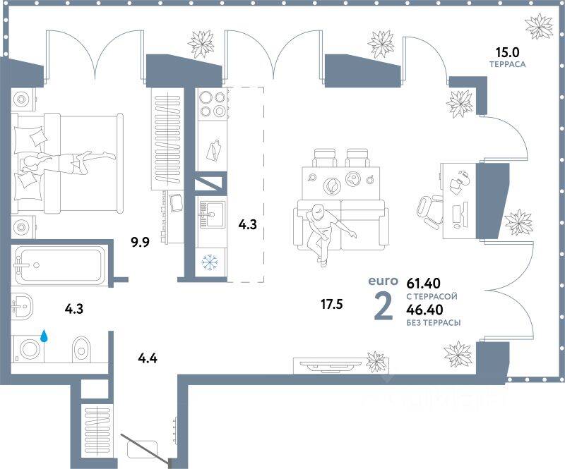 2-комн. квартира, 61,4 м², в ЖК Страна.Озерная