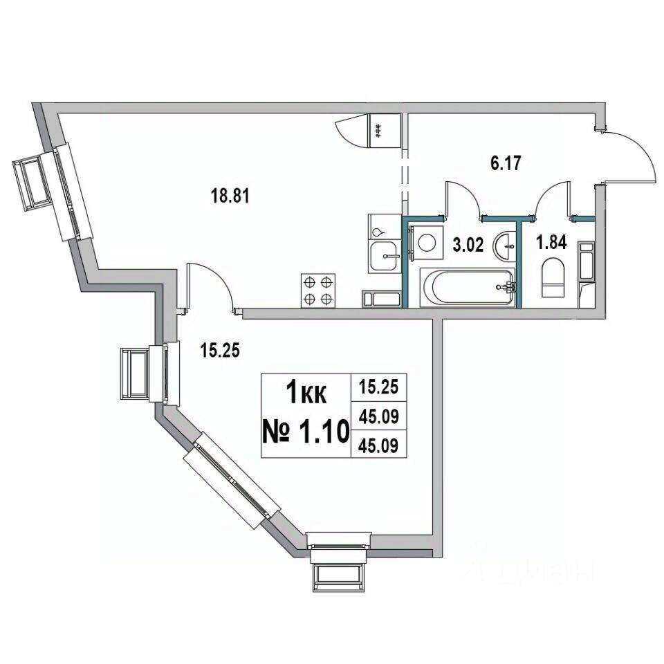 1-комн. квартира, 45,09 м², в ЖК «Новый город» (Выборг)