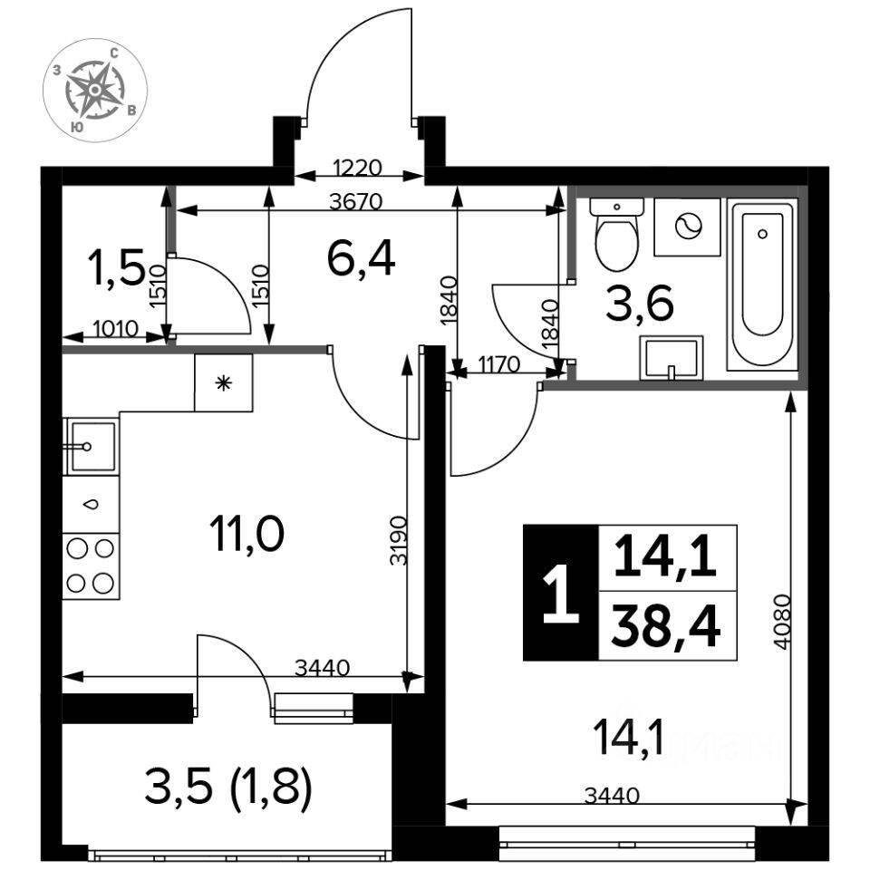 1-комн. квартира, 38,1 м², в ЖК «Южная Битца»
