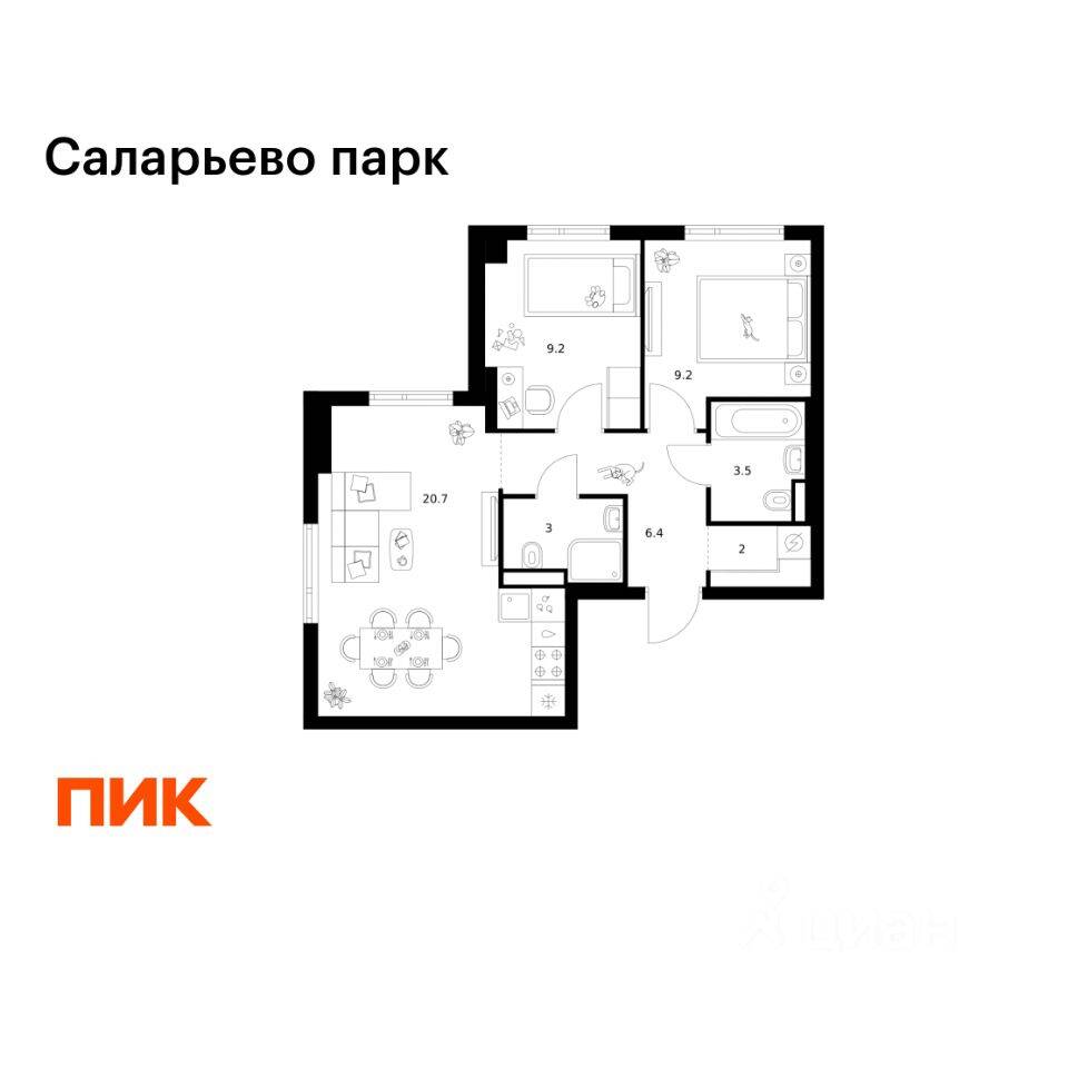 2-комн. квартира, 54 м², в ЖК «Саларьево парк»