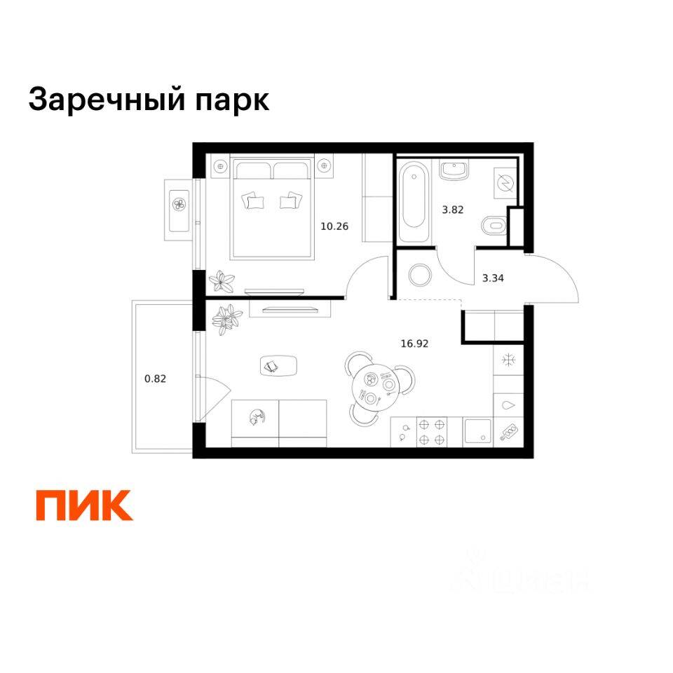 1-комн. квартира, 35,16 м², в ЖК Заречный парк