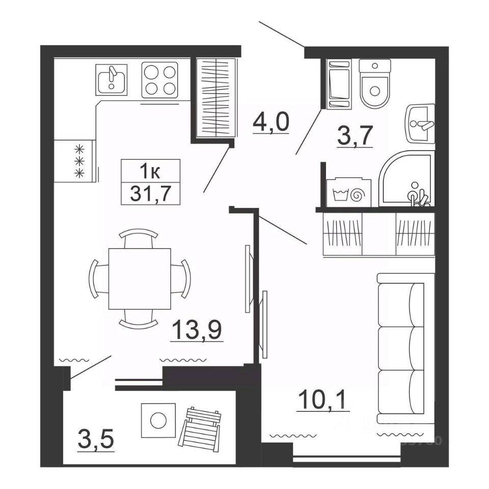 1-комн. квартира, 31,7 м², в ЖК Рубеж