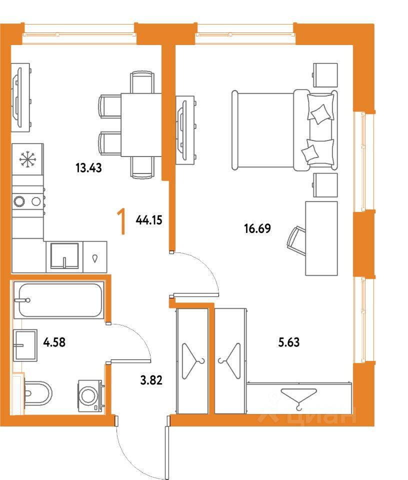 1-комн. квартира, 44,15 м², в ЖК Страна.Парковая