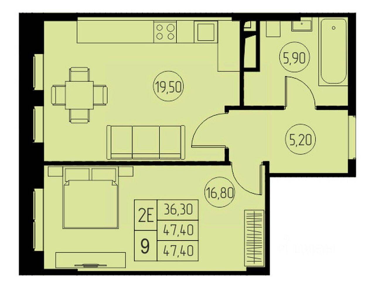 2-комн. квартира, 47,4 м², в ЖК «31 квартал»