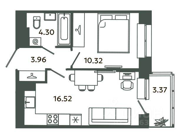 1-комн. квартира, 35,1 м², в ЖК Загляденье