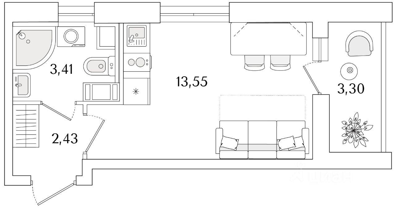 Планировка 1 комнатной квартиры, 21.04 м², в «Кинопарк»