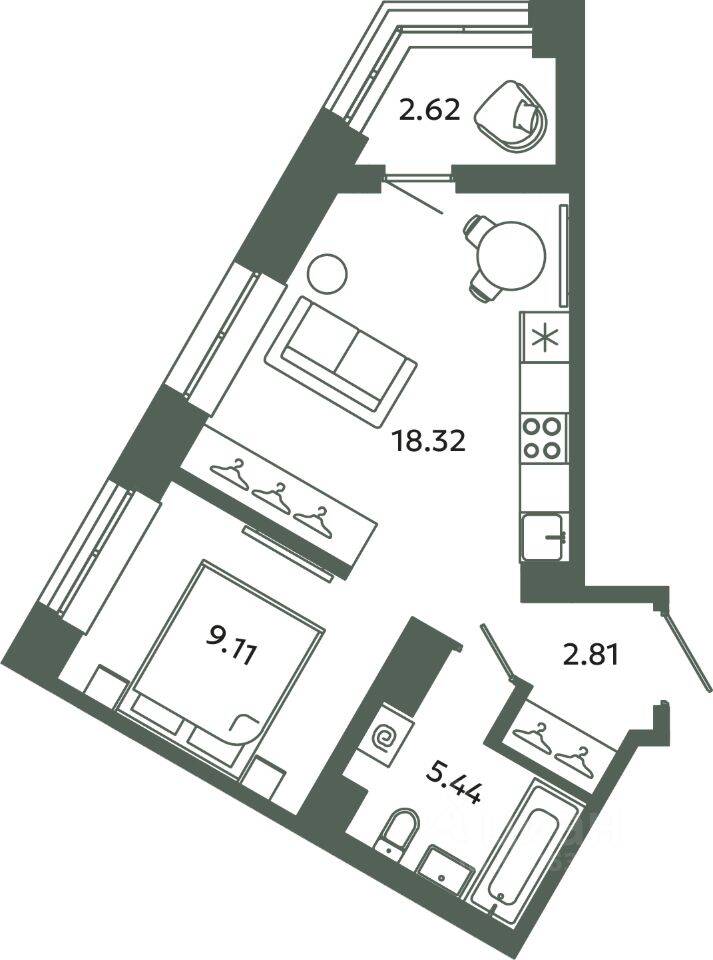 1-комн. квартира, 35,68 м², в ЖК Загляденье