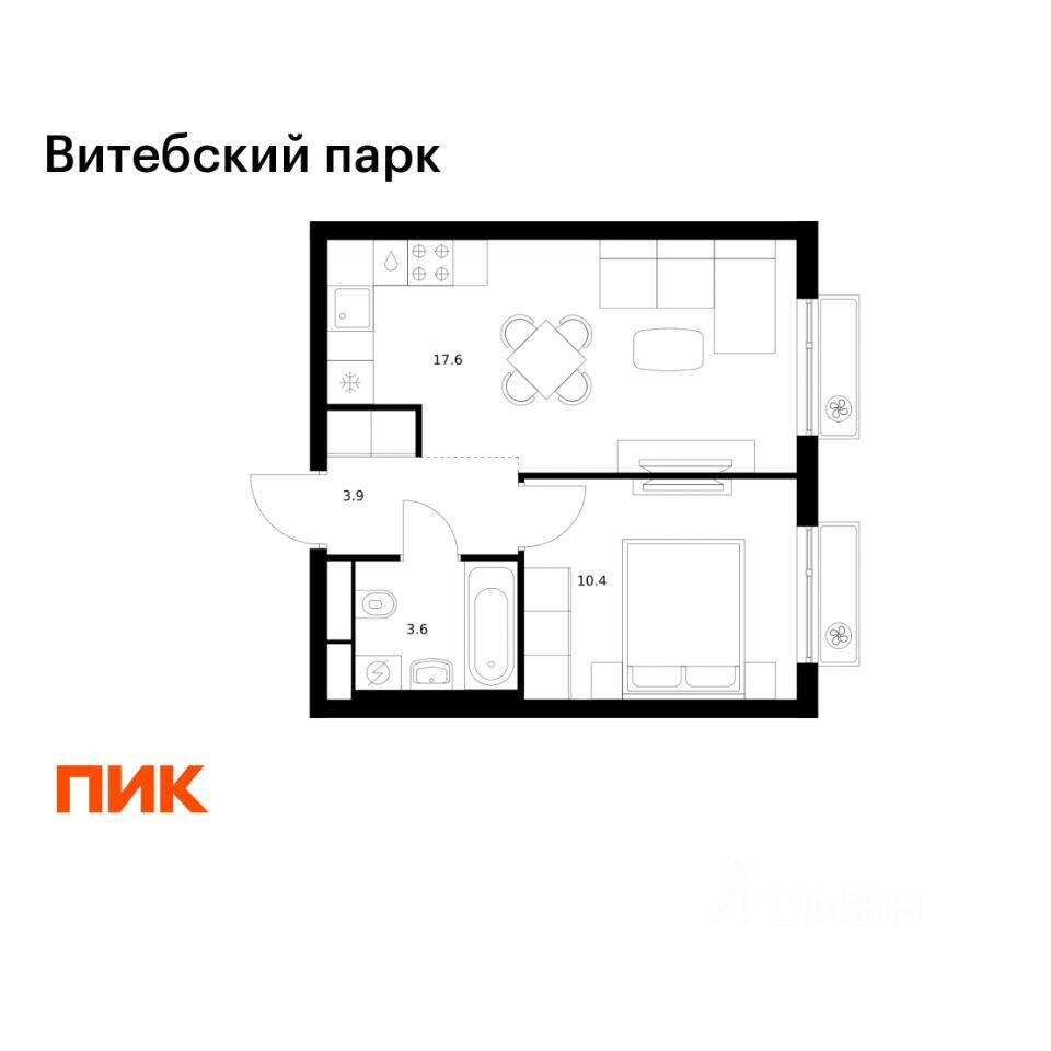 1-комн. квартира, 35,5 м², в ЖК Витебский парк