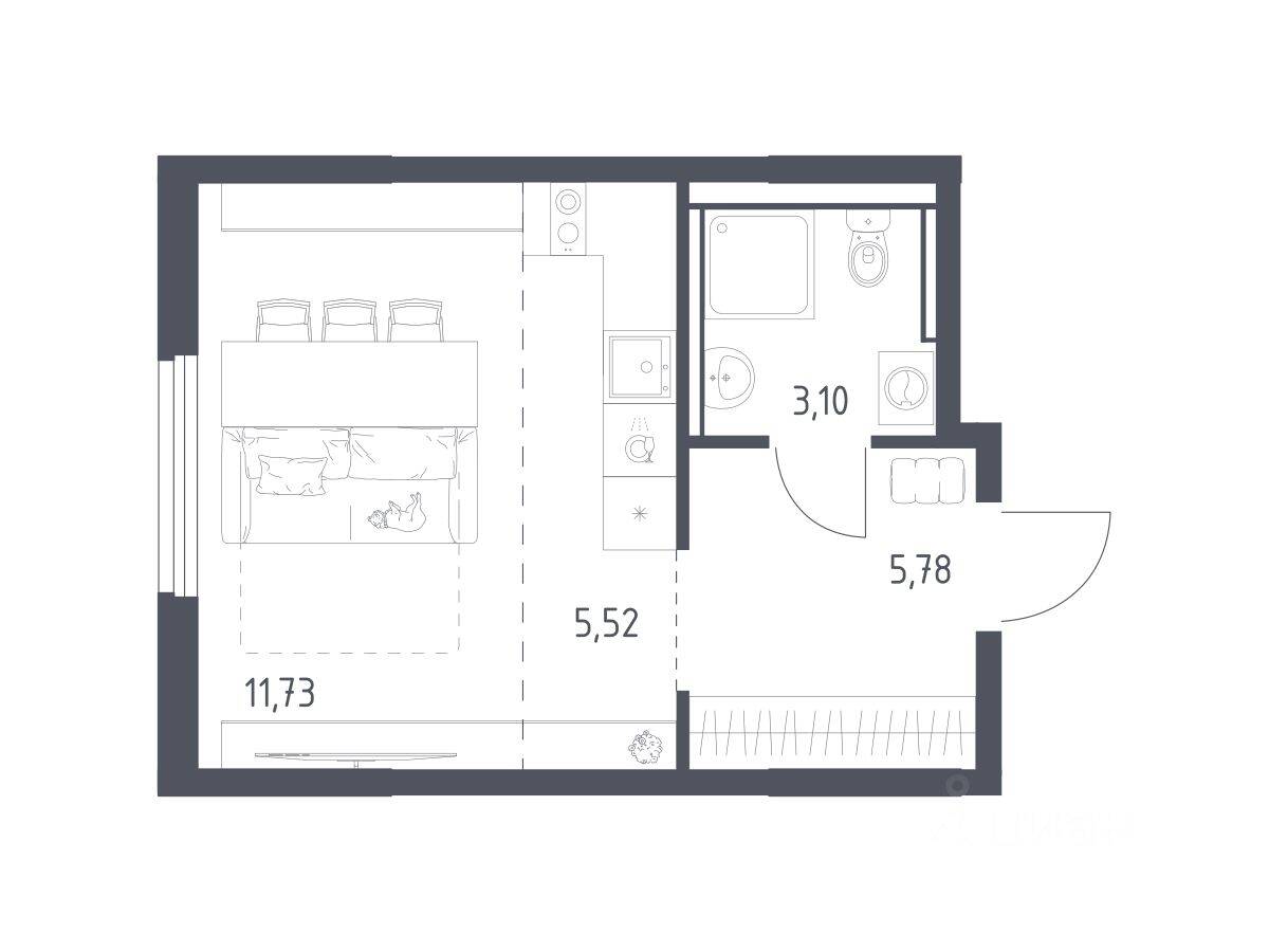 Планировка 1 комнатной квартиры, 26.13 м², в «Пригород Лесное»