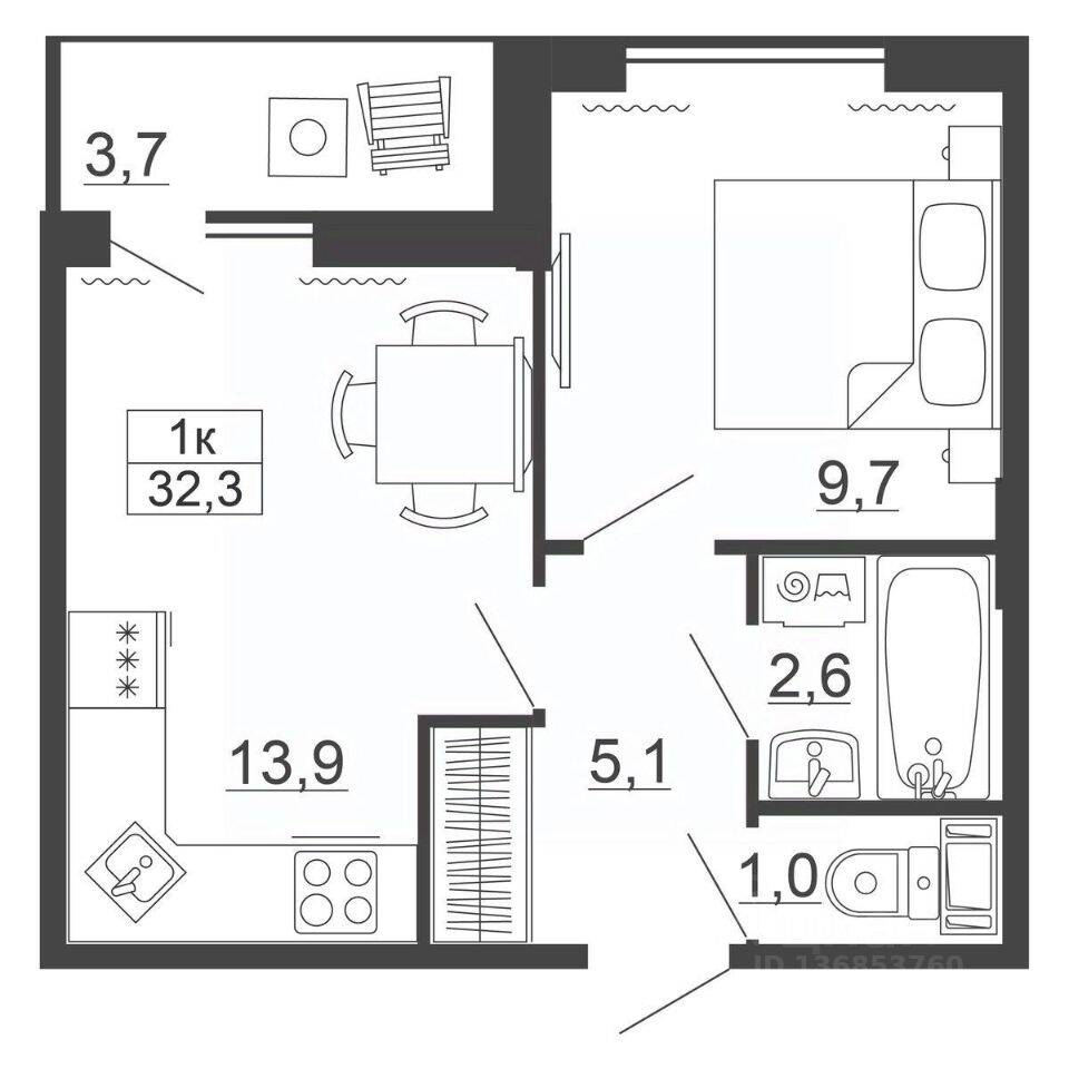 1-комн. квартира, 32,3 м², в ЖК Рубеж