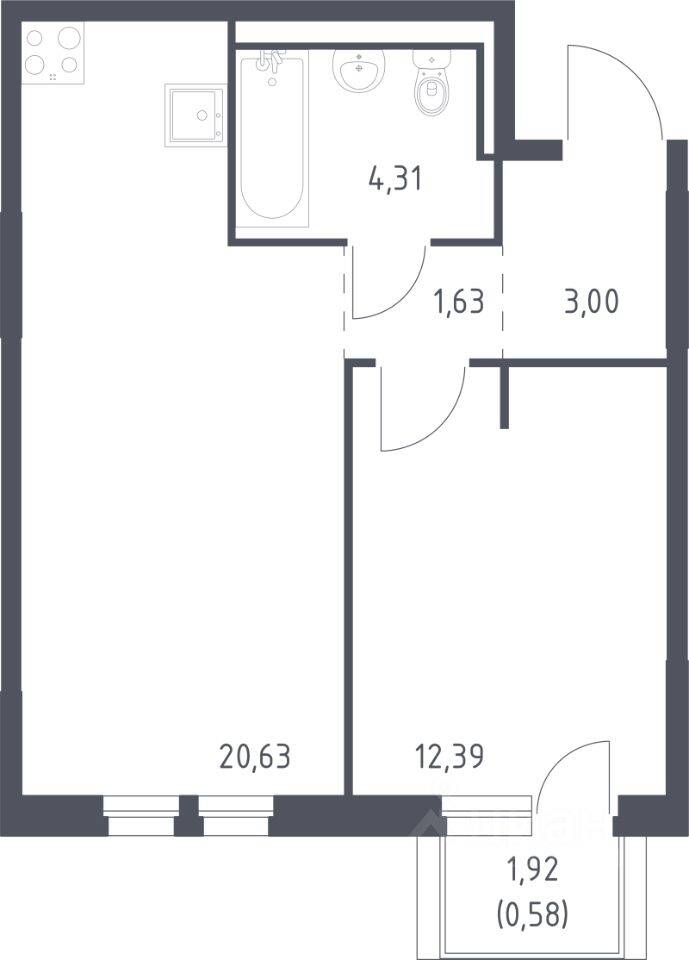 1-комн. квартира, 42,54 м², в ЖК Невская Долина