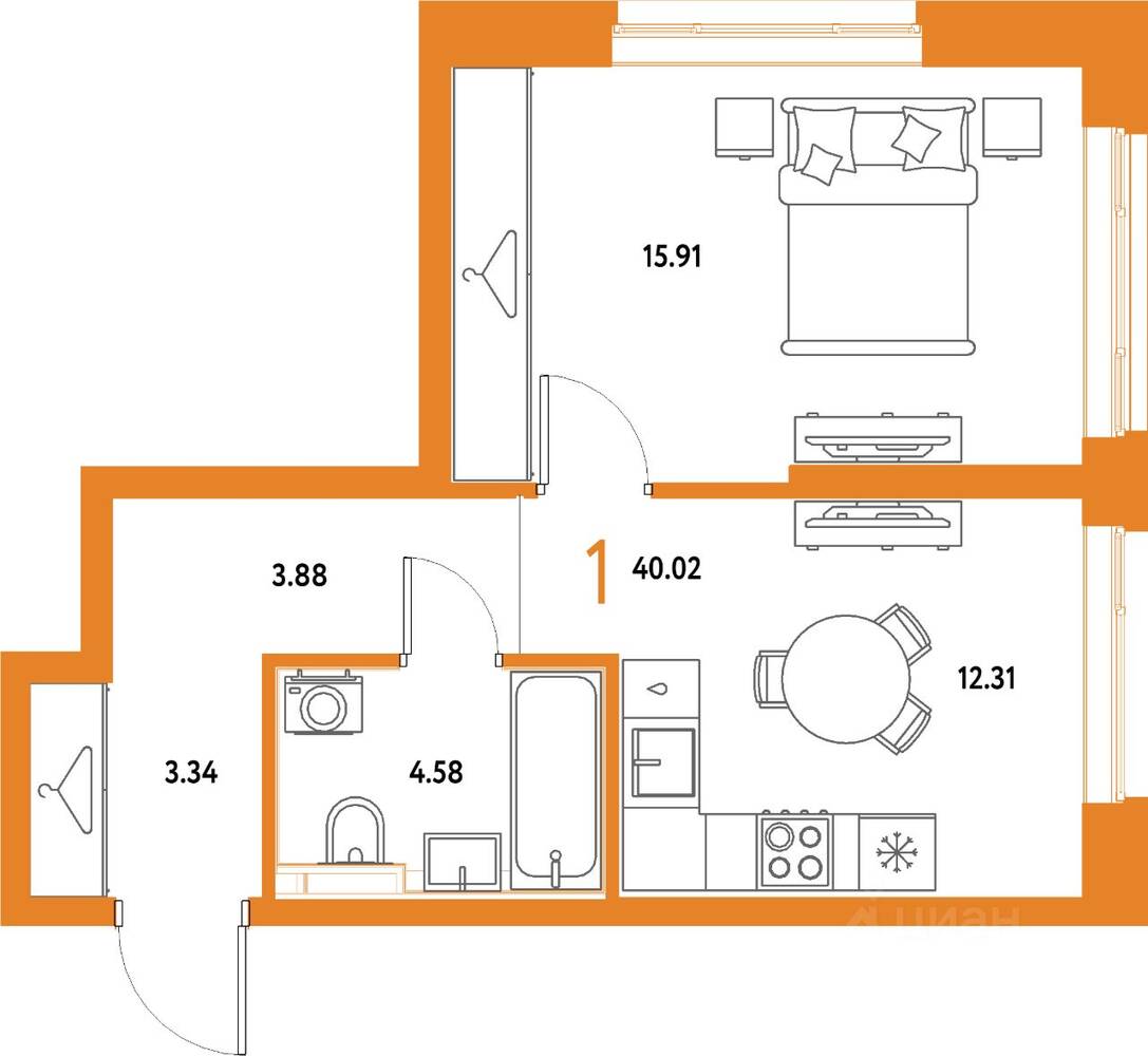 1-комн. квартира, 40,02 м², в ЖК Страна.Парковая