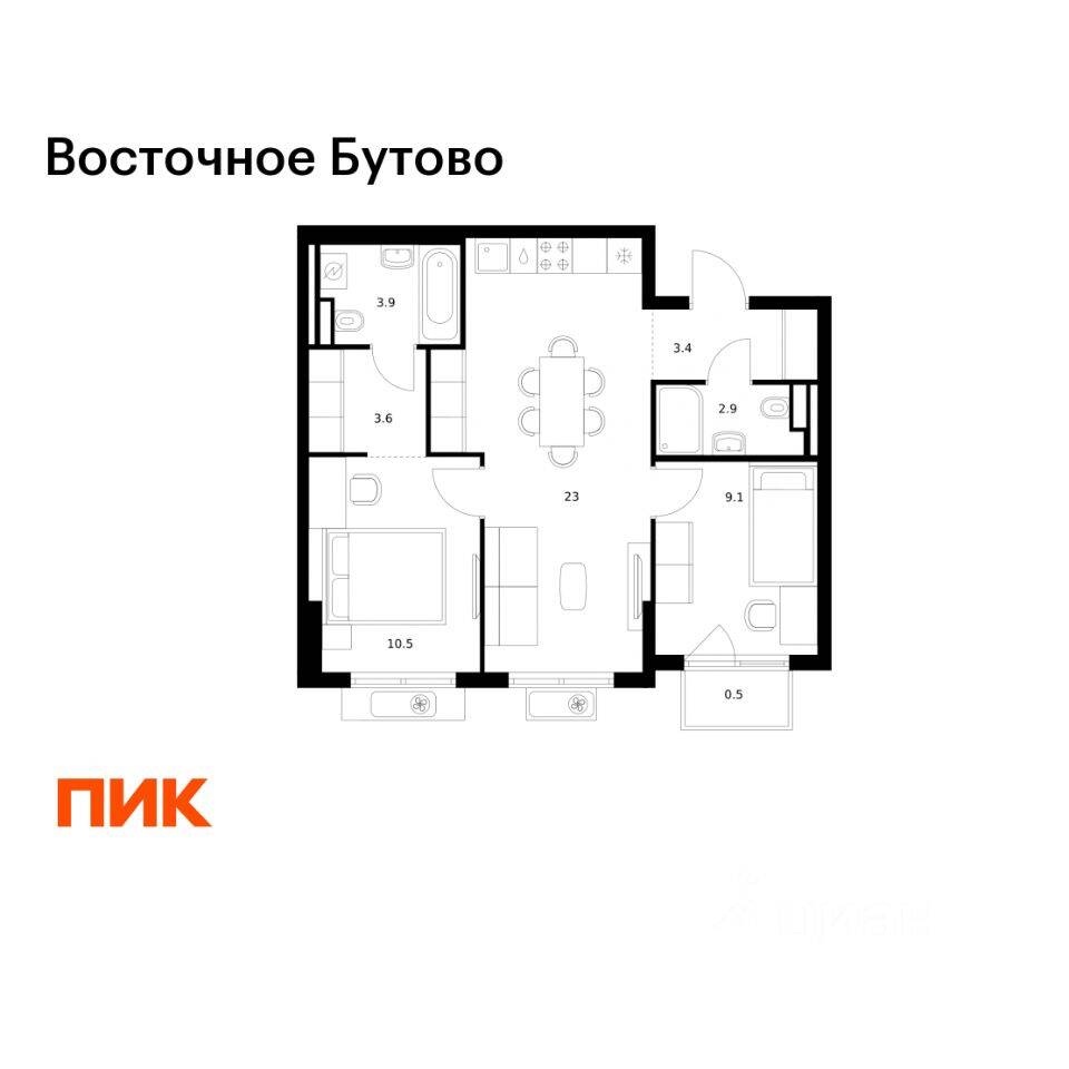 2-комн. квартира, 56,9 м², в ЖК «Восточное Бутово»