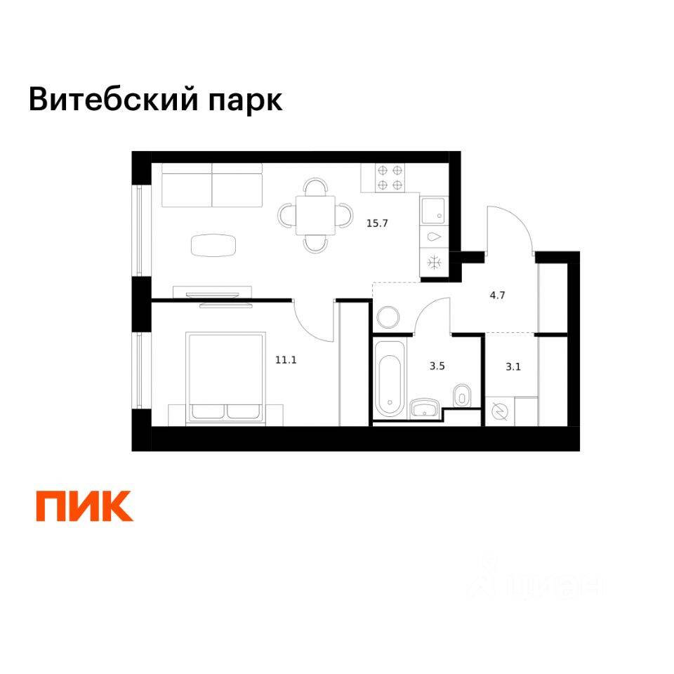 1-комн. квартира, 38,1 м², в ЖК Витебский парк