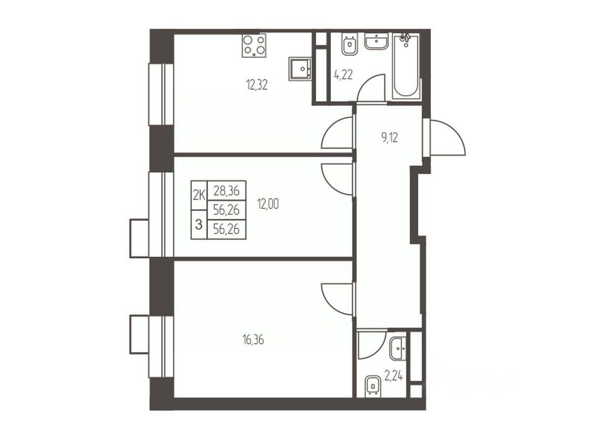 2-комн. квартира, 56,3 м², в ЖК Новая Ивантеевка