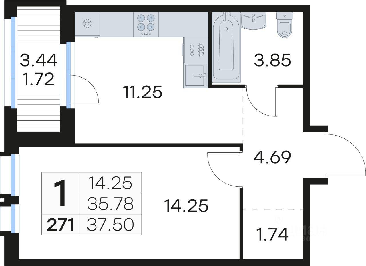 1-комн. квартира, 37,7 м², в ЖК GloraX Парголово