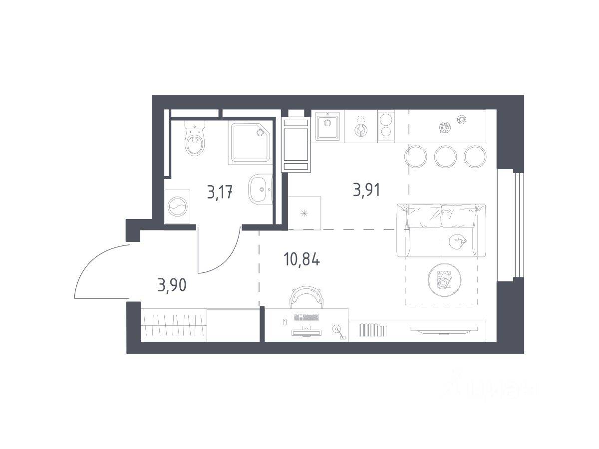 Планировка 1 комнатной квартиры, 21.82 м², в «Большое Путилково»