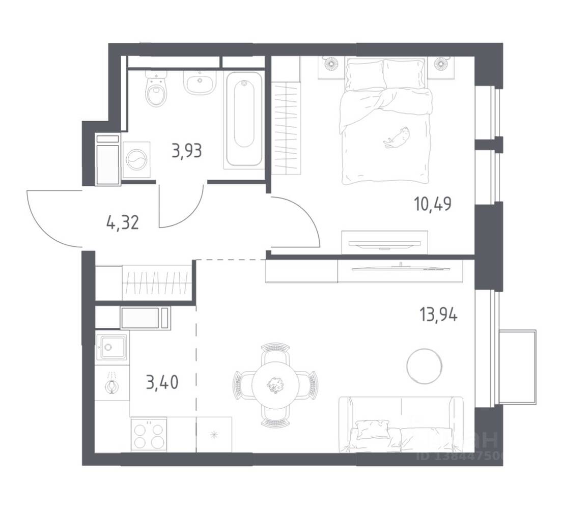 1-комн. квартира, 36,08 м², в ЖК «Большое Путилково»