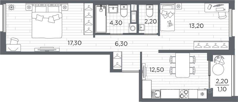 2-комн. квартира, 56,9 м², в ЖК Plus Пулковский