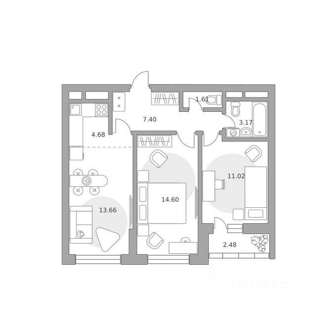 3-комн. квартира, 58,62 м², в ЖК Ильинойс