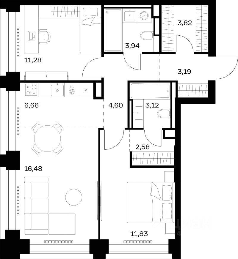 2-комн. квартира, 67,5 м², в ЖК Nova