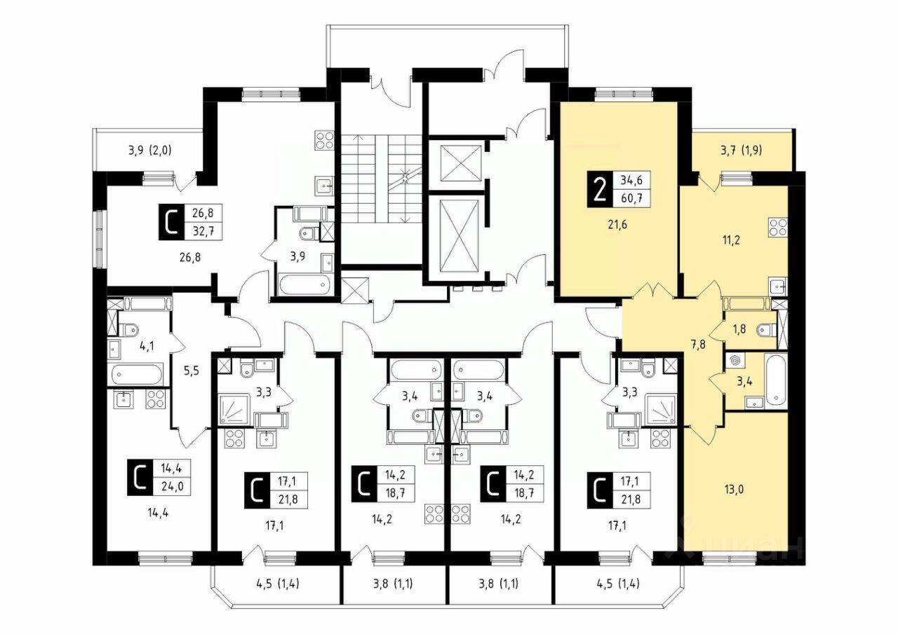 2-комн. квартира, 60,7 м², в ЖК Школьный (Климовск)