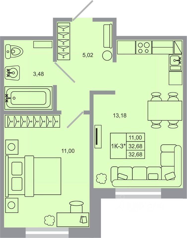 1-комн. квартира, 32,68 м², в ЖК Стороны света-2