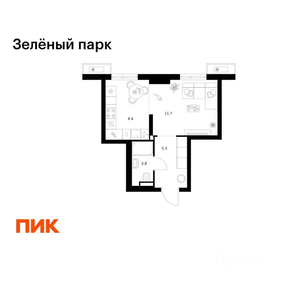 Планировка 1 комнатной квартиры, 28.2 м², в «Зеленый парк»