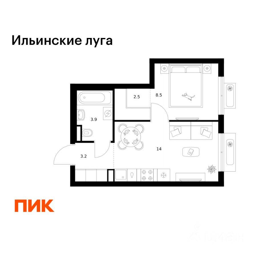 1-комн. квартира, 32,1 м², в ЖК «Ильинские луга»