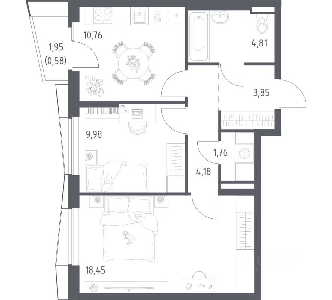 2-комн. квартира, 54,37 м², в ЖК Квартал Авиаторов