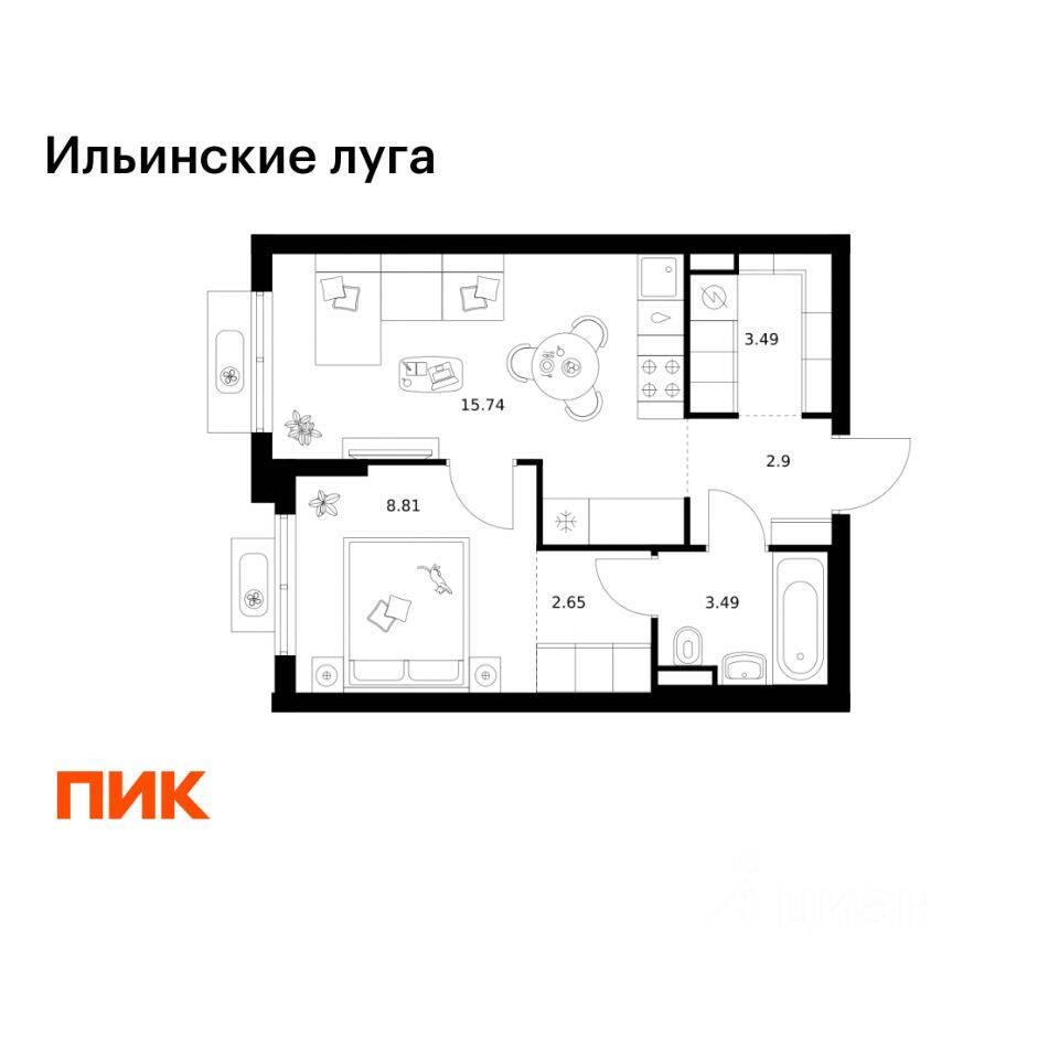 1-комн. квартира, 37,08 м², в ЖК «Ильинские луга»