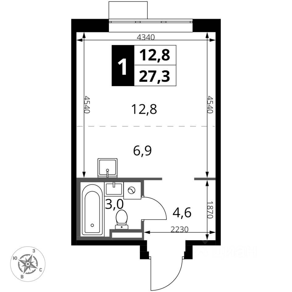 Планировка 1 комнатной квартиры, 27.3 м², в «1-й Донской»