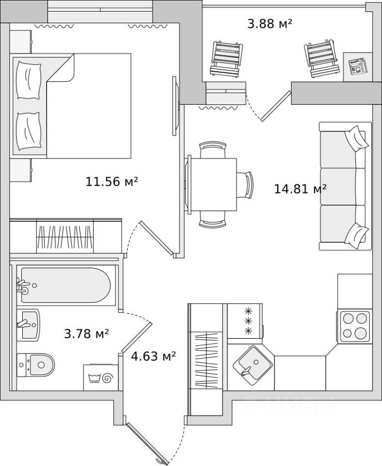 1-комн. квартира, 38,05 м², в ЖК ЦДС «Dreamline»