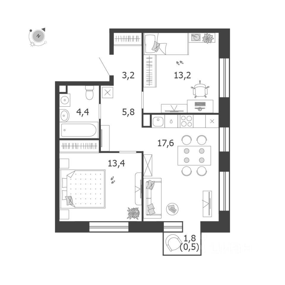 2-комн. квартира, 58,1 м², в ЖК Жилой квартал Shagal
