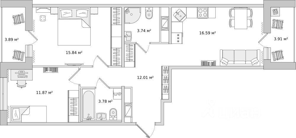 2-комн. квартира, 71,63 м², в ЖК ЦДС «Dreamline»