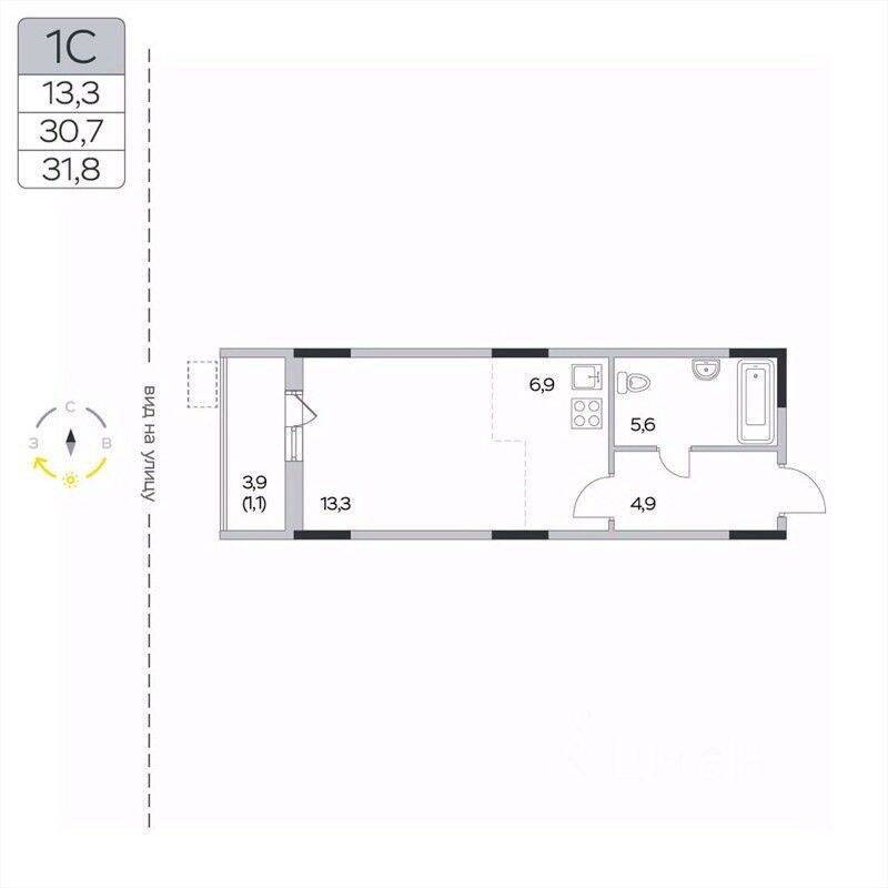 Квартира-студия, 31,8 м², в ЖК «Пироговская Ривьера»