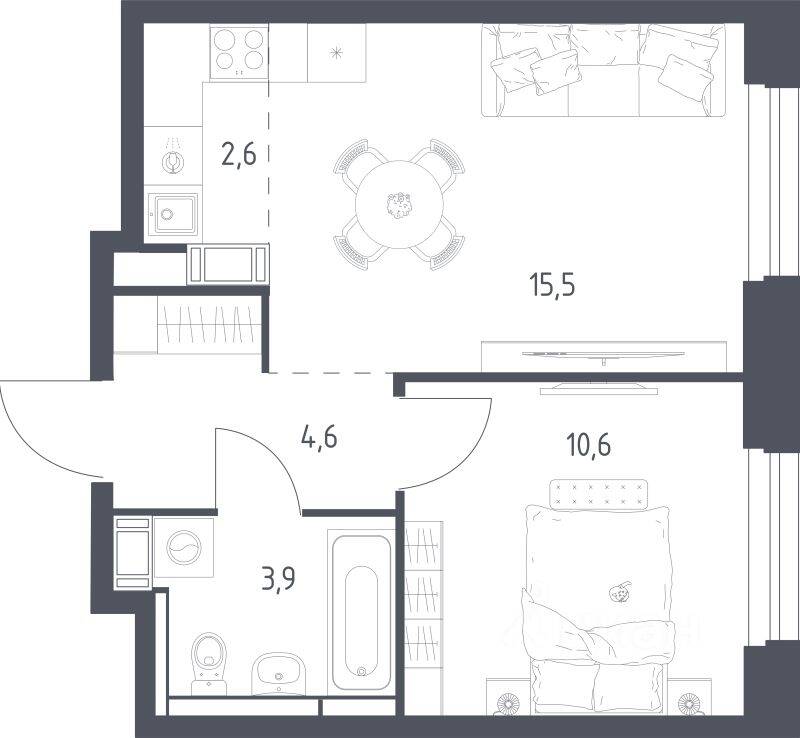 1-комн. квартира, 36,8 м², в ЖК Мытищи Парк