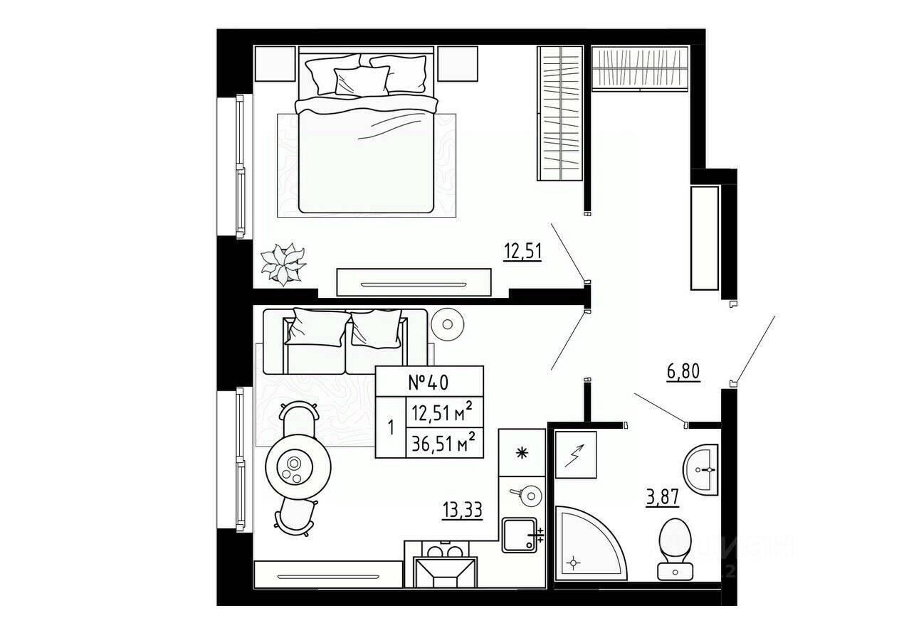 1-комн. квартира, 36,8 м², в Малоэтажный ЖК Аннино Сити