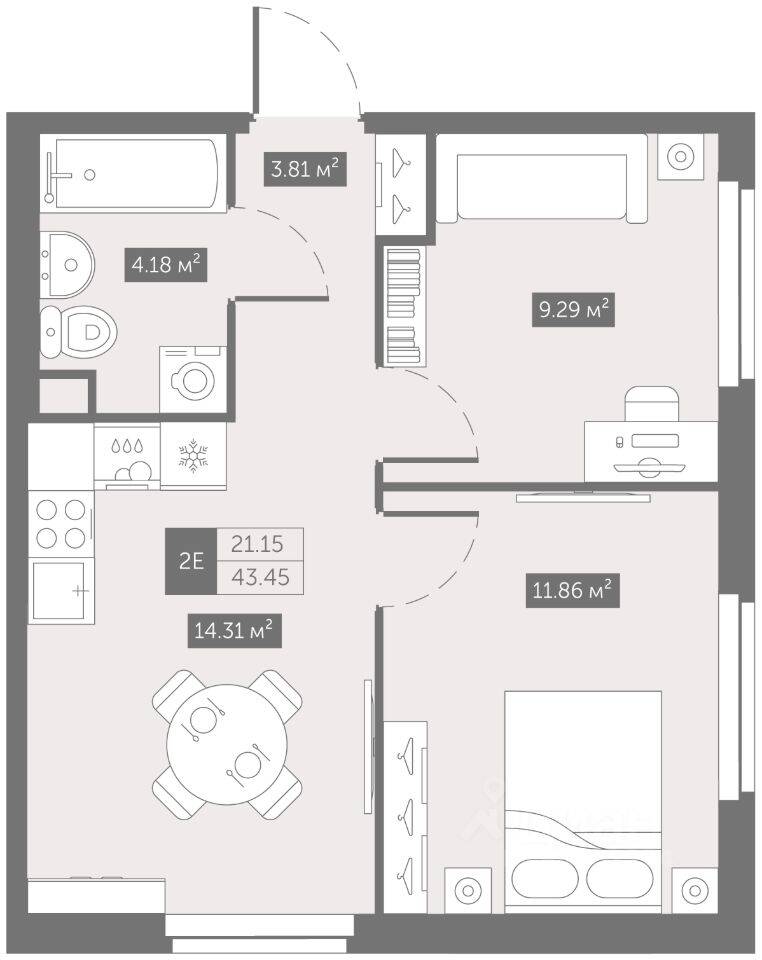 2-комн. квартира, 43,45 м², в Апарт-комплекс ZOOM на Неве